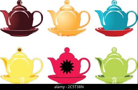 Sechs Teekannen auf Tellern in verschiedenen Farben Stock Vektor