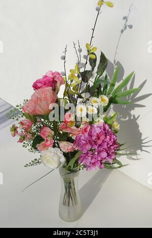 Blumenstrauß in einer Vase. Ein weißer Hintergrund. Bergen, Niederlande, Februar Stockfoto