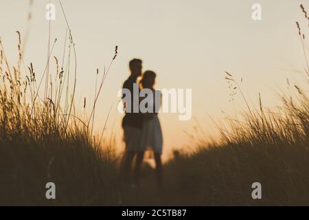 Verliebte Paare beobachten den Sonnenuntergang im Sommer in einem Weizenfeld. Verschwommener Hintergrund, Fokus auf das Gras. Stockfoto
