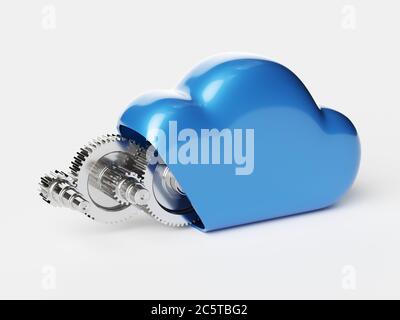 Cloud Computing mit Metallgetrieben. 3d-Rendering-Illustration Stockfoto