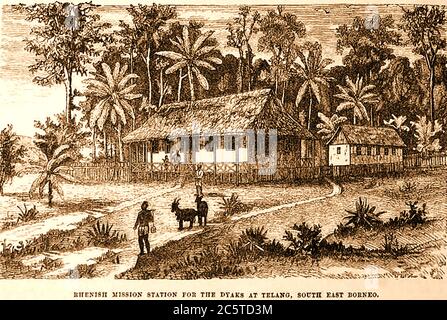 Eine Illustration aus dem Jahr 1880 aus der 'Illustrated Missionary News'. Die Zeitschrift wurde früher unter dem Titel die bildliche missionarische Nachrichten herausgegeben von Henry Grattan Guinness (1835 - 1910), ein irischer protestantischer christlicher Prediger, Evangelist und Autor (und andere). Dieses Bild zeigt die Rheinische Missionsstation für die Dyaks in Telang (Bone, Sulawesi / Celebes, Selatan, Indonesien). Dayaks, auch bekannt als Dyak oder Dayuh, sind eine der einheimischen Gruppen von Borneo. Stockfoto