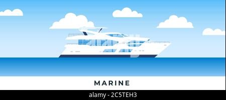 Boot im Meer. Flache Vektorgrafiken. Marine Passagier Motorboot im Hintergrund Meer und Himmel. Stock Vektor