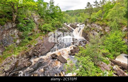 ROGIE FALLS RIVER BLACK WATER ROSS-SHIRE HIGHLANDS SCHOTTLAND IM SOMMER BLICK AUF DIE SCHLUCHT UND FÄLLT VON DER BRÜCKE Stockfoto