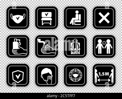 Warnung schwarze Schilder auf transparentem Hintergrund. Halten Sie Abstand zwischen den Personen. Setzen Sie sich nicht hier hin. Sicherheitsabstand beachten. Waschen Sie sich die Hände Stock Vektor