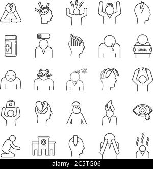 Symbole für Stressemotion eingestellt. Skizzieren Sie eine Reihe von Stress Emotion Vektor-Symbole für Web-Design isoliert auf weißem Hintergrund Stock Vektor