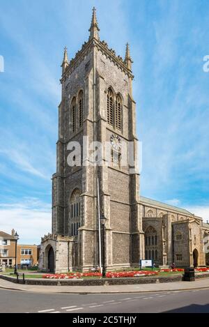 Norfolk Kirche, Blick auf den Turm von St. Peter und St. Paul Pfarrkirche in Cromer, steigt auf 160 ft ist es der höchste Kirchturm in Norfolk, Großbritannien Stockfoto