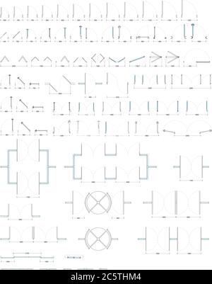Satz von verschiedenen Türen und Fenstern mit Abmessungen in der Grundriss-Ansicht. Vektorzeichnung. Isolierte Türen in der Draufsicht. Architekturkonzept. Stock Vektor