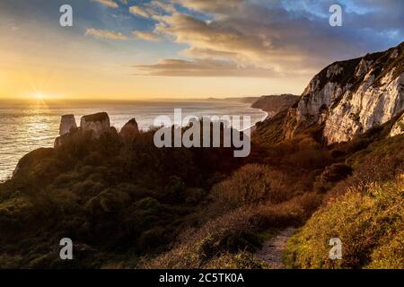 Sonnenuntergang auf dem South-West Coast Pfad zwischen Hooken Landslip und Klippen in der Nähe von Beer Head in Devon Stockfoto