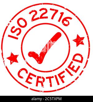 Grunge rot ISO 22716 zertifiziert mit Markensymbol rund Gummi-Siegel Stempel auf weißem Hintergrund Stock Vektor