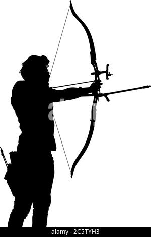 Silhouette eines Jungen Bogenschützen mit einem Recurve Bogen zielen Stock Vektor