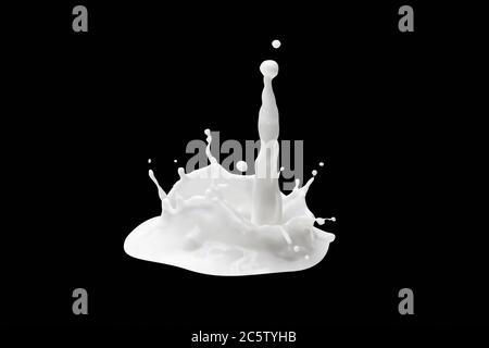 Milchspritzer oder Milch auf schwarzem Hintergrund in Form von Spritzern. Milcheingießer auf schwarzem Hintergrund isoliert Stockfoto