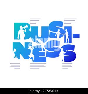 Business Concept Poster Design template.Working Silhouette Menschen mit Laptops und Händeschütteln in der bunten "BUSINESS" Wort. Vektorgrafik. Stock Vektor