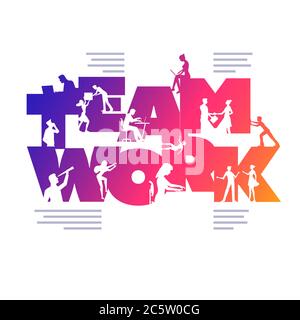 Teamwork Business Concept Poster Design Vorlage. Arbeiten Silhouette Menschen mit Laptops und Händeschütteln etc. In der bunten "TEAMARBEIT" Wort. Stock Vektor