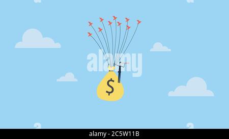 Vision Konzept. Geschäftsmann stehen auf Geld mit Teleskop auf der Suche nach Investitionen, Erfolg, Chancen, zukünftige Geschäftstrends Stock Vektor