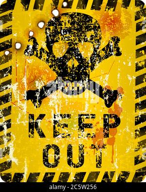 Grungy Keep Out Zeichen mit Schädel und Bullet Löcher, Vektor-Illustration Stock Vektor