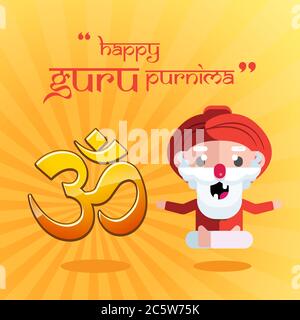 Happy Guru Purnima Grußplakat, Yoga baba Meditation und Om Symbol Hintergrund, Illustration Vektor Stock Vektor