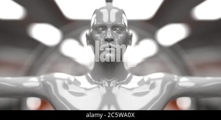 3d-Rendering. Futuristische Szene und humanoide Figur Stockfoto