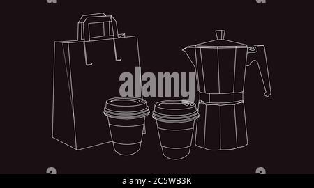 Vektor Schwarz isoliert Illustration eines Kaffee Take Away Set, mit zwei Pappbecher Kaffee, eine Kaffeemaschine und eine Papiertasche Stock Vektor