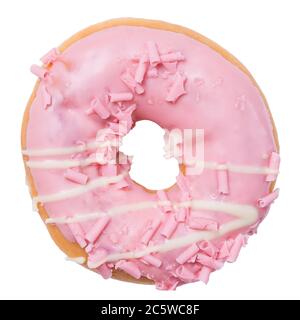 Frischer rosa Donut mit weißer Schokoladeneisung und Marmelade Füllung isoliert auf weißem Hintergrund Stockfoto