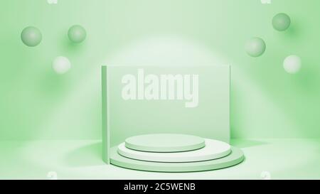 3D Green Podium oder Mock up Szene mit abstrakten geometrischen Formen. 3D-Rendering. Stockfoto