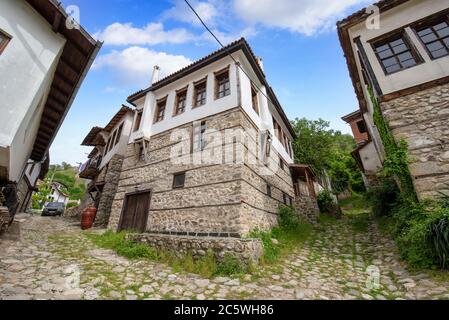 Alte bulgarische Häuser in Melnik, Bulgarien, die kleinste bulgarische Stadt im Frühjahr. Stockfoto