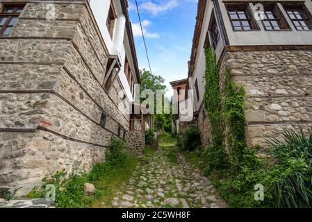 Alte bulgarische Häuser in Melnik, Bulgarien, die kleinste bulgarische Stadt im Frühjahr. Stockfoto