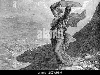 Eine gravierte Illustration Bild von Moses brechen die beiden Tafeln aus Stein, aus einem alten viktorianischen Buch datiert 1883, das nicht mehr urheberrechtlich geschützt ist Stockfoto
