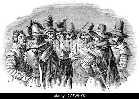 Eine gravierte Abbildung von Guy Fawkes und seinen Komplizen. Die Verschwörer des 5. November Gunpowder Verschwörung auf Bonfire Nacht, von einem Vict Stockfoto