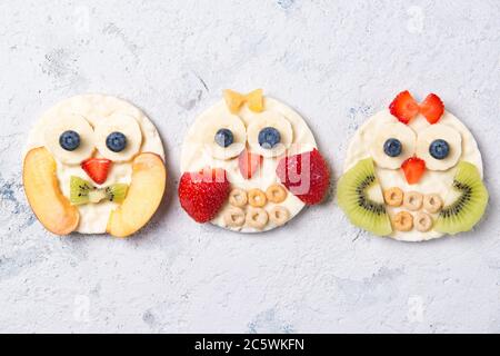 Reiskuchen mit Joghurt und frischem Obst in Formen von niedlichen Eulen, Mahlzeit für Kinder Idee, Draufsicht Stockfoto