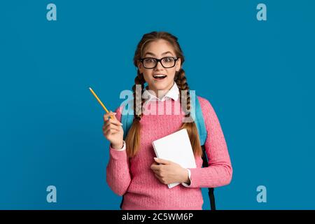 Teenage-Mädchen in Brille und mit Notizbüchern Stockfoto