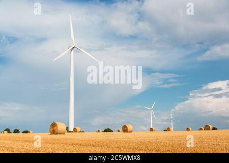 Windkraftanlagen auf einem Getreidefeld in Schleswig-Holstein während der Ernte im Herbst Stockfoto