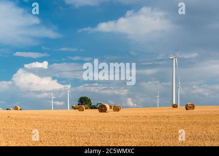 Windkraftanlagen auf einem Getreidefeld in Schleswig-Holstein während der Ernte im Herbst Stockfoto