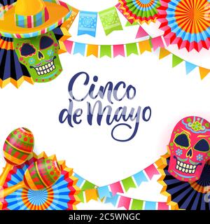 Cinco de Mayo Fiesta, quadratisches Banner oder Poster Design Vorlage. Vektor flach Cartoon Illustration. Grußkarte mit Kalligraphie-Schriftzug und Mex Stock Vektor