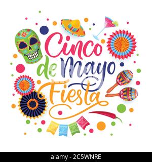 Cinco de Mayo Fiesta handgezeichnete Kalligraphie-Schriftzüge und mexikanische nationale Symbole, isoliert auf weißem Hintergrund. Grußkarte, Banner oder Poster Stock Vektor