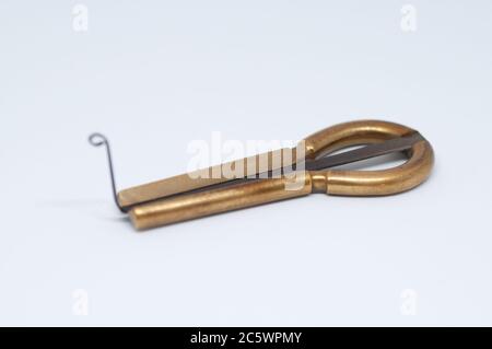 Makrofotografie einer alten Maultrommel - isoliert auf weißem Hintergrund. Stockfoto