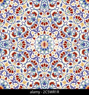 Handgezeichnetes Mandala mit Blumenmuster. Türkisches Motiv. Runder, farbenfroher Blumenschmuck im traditionellen orientalischen Muster. Dekoratives Element für Karten-Design, Keramik. Stock Vektor