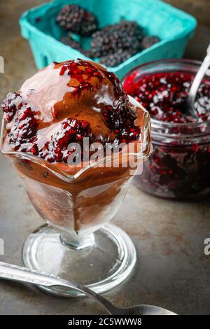 Schokoladeneis mit Himbeersoße Stockfoto