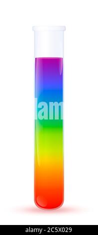 Reagenzglas mit Regenbogen-Farbstoff, Symbol für lustige chemische Experimente oder Mischungen, für lustige und neugierige Wissenschaftler. Stockfoto