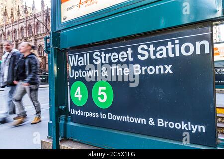 New York City, NYC NY Lower, Manhattan, Finanzviertel, FiDi, Wall Street Station, MTA, New York City, U-Bahn, Autobahn Route 4,5, Eingang, Uptown, Bronx, Broa Stockfoto