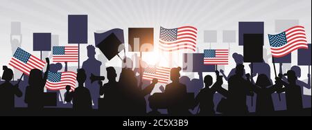 Menschen Silhouetten halten vereinigte Staaten Flaggen feiern amerikanischen Unabhängigkeitstag Feiertag 4. Juli Banner horizontalen Porträt Vektor Illustration Stock Vektor