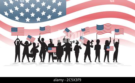 Menschen Silhouetten halten vereinigte Staaten Flaggen feiern amerikanischen Unabhängigkeitstag Feiertag 4. Juli Banner horizontale volle Länge Vektor-Illustration Stock Vektor
