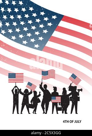 Menschen Silhouetten halten vereinigte Staaten Flaggen feiern amerikanischen Unabhängigkeitstag Feiertag 4. Juli Banner vertikale volle Länge Vektor-Illustration Stock Vektor