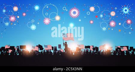 Menschen Silhouetten halten vereinigte Staaten Flaggen feiern amerikanischen Unabhängigkeitstag Feiertag 4. Juli Banner horizontalen Porträt Vektor Illustration Stock Vektor