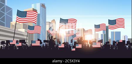 Menschen Silhouetten halten vereinigte Staaten Flaggen feiern amerikanischen Unabhängigkeitstag Feiertag 4. Juli Banner horizontale Stadtbild Hintergrund Porträt Vektor Illustration Stock Vektor