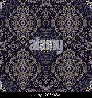 Nahtloses Spitzen-Patchwork in Gold auf schwarzem Hintergrund. Abstraktes Vintage-Muster im türkischen Stil. Islamische, arabische, indische, osmanische Motive. Stock Vektor