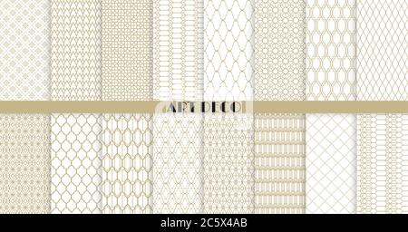 Vektor Art Deco nahtlose Muster Kollektion. Set von 16 geometrischen Ornamenten in Gold. Modernes Design für Tapete, Stoff, Website Hintergrund Stock Vektor
