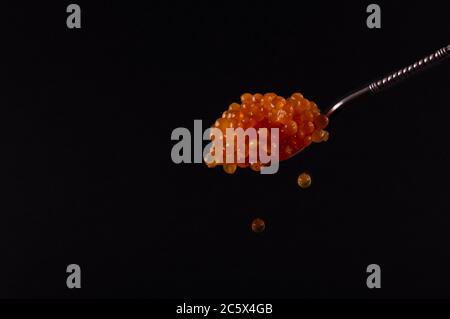 Lachsroe in Silberlöffel auf dunklem Hintergrund. Stockfoto
