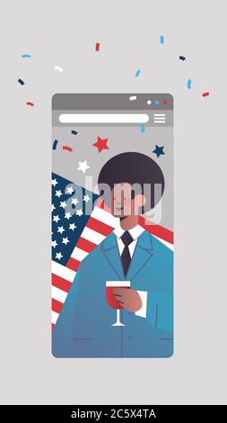 Mann trinkender Wein feiert 4. juli amerikanischen Unabhängigkeitstag Konzept Smartphone Bildschirm mobile App vertikale Porträt Vektor Illustration Stock Vektor
