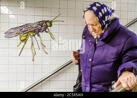 New York, New York City, NYC, Manhattan, Uptown, MTA New York U-Bahn-System, 81st Street Station, B C Highway Route, 8th Eighth Avenue Line, weibliche Frau Stockfoto