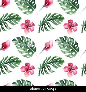 Set von hellen Aquarell tropischen Monstera Blätter. Bouquet tropic Palmblatt nahtlose Muster, Blume und Zweige aus dem Dschungel. Exotischer Hintergrund Stockfoto